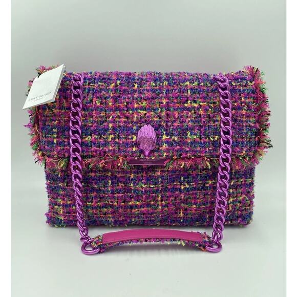 NWT Kurt Geiger Kensington Large Pink Tweed Flap Chain Bag Metallic Crossbody - Picture 2 of 12